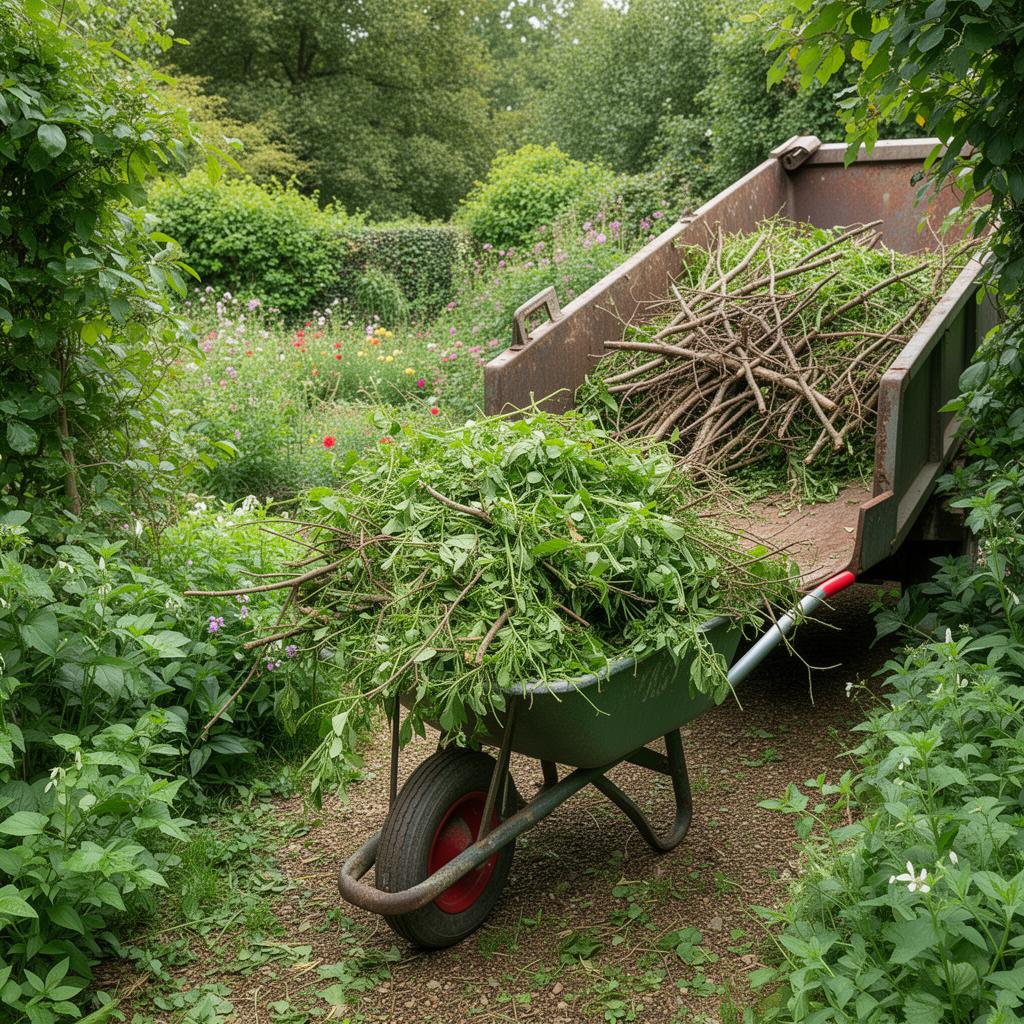 Wheelbarrow filled with garden cuttings and branches