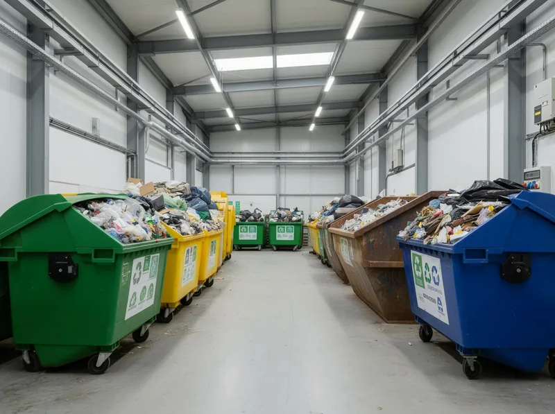 Organised recycling bins at waste management facility