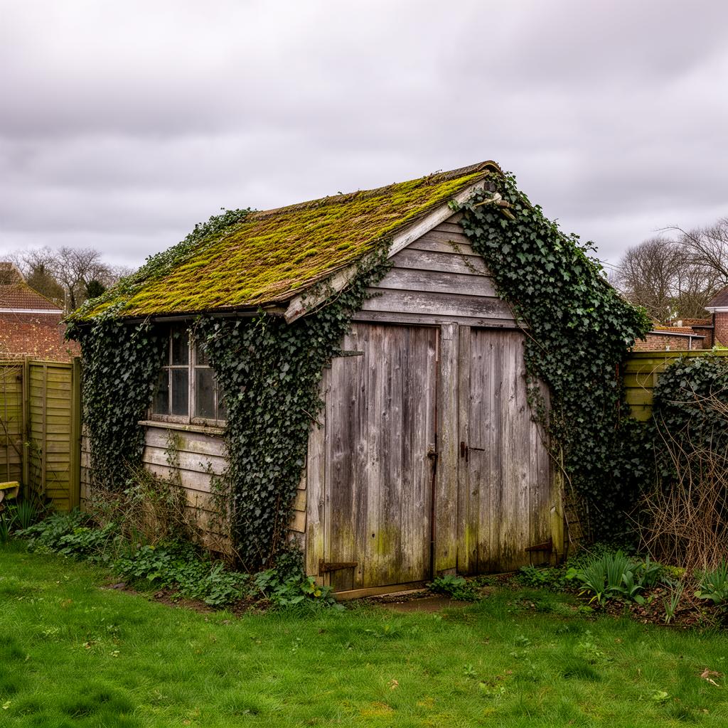 Workers dismantling a garden shed